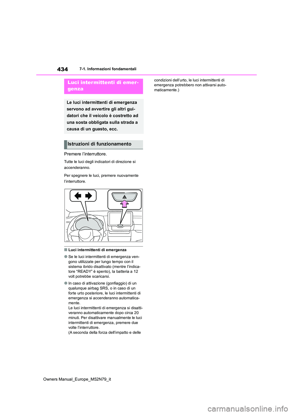 TOYOTA YARIS CROSS 2023  Manuale duso (in Italian) 434
Owners Manual_Europe_M52N79_it
7-1. Informazioni fondamentali
7-1.In formazioni fond amentali
Premere l’interruttore.
Tutte le luci degli indicatori di direzione si  
accenderanno. 
Per spegnere