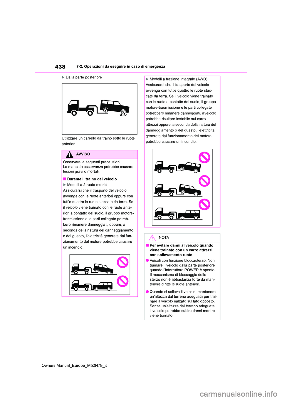 TOYOTA YARIS CROSS 2023  Manuale duso (in Italian) 438
Owners Manual_Europe_M52N79_it
7-2. Operazioni da eseguire in caso di emergenza
Dalla parte posteriore 
Utilizzare un carrello da traino sotto le ruote  
anteriori.
AVVISO
Osservare le seguenti