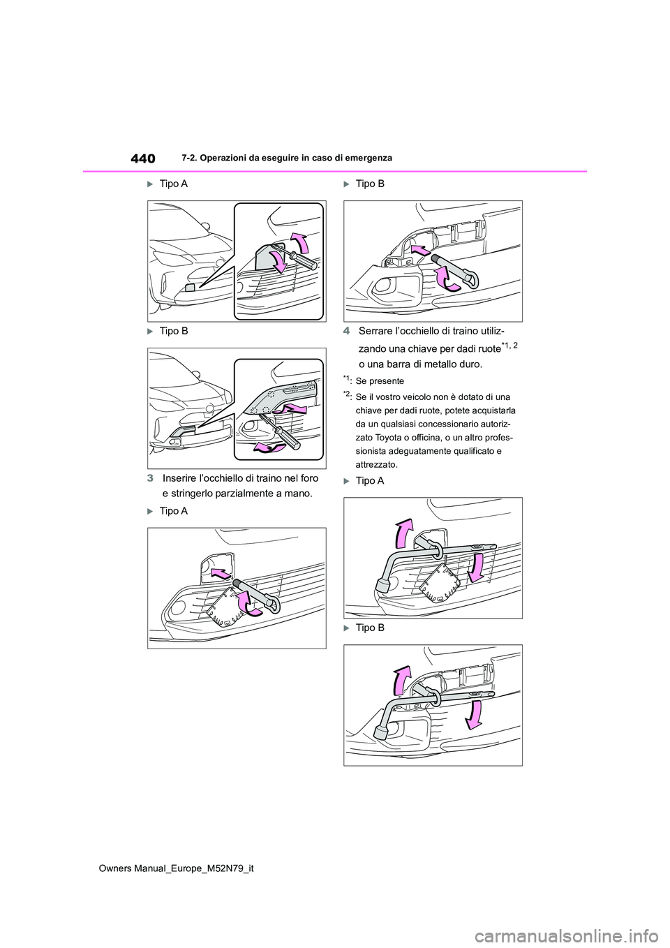 TOYOTA YARIS CROSS 2023  Manuale duso (in Italian) 440
Owners Manual_Europe_M52N79_it
7-2. Operazioni da eseguire in caso di emergenza
Tipo A
Tipo B 
3 Inserire l’occhiello di traino nel foro  
e stringerlo parzialmente a mano.
Tipo A
Ti