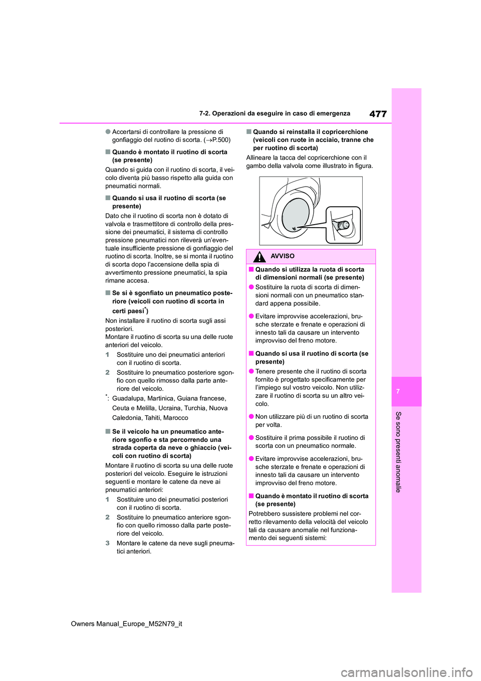 TOYOTA YARIS CROSS 2023  Manuale duso (in Italian) 477
7
Owners Manual_Europe_M52N79_it
7-2. Operazioni da eseguire in caso di emergenza
Se sono presenti anomalie
●Accertarsi di controllare la pressione di  gonfiaggio del ruotino di scorta. ( P.5