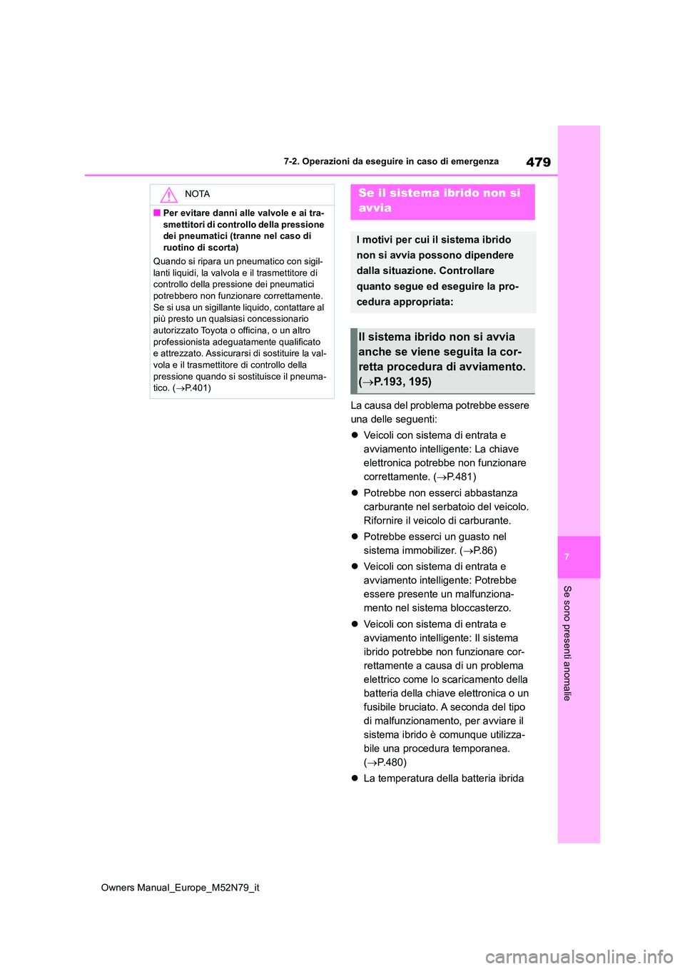 TOYOTA YARIS CROSS 2023  Manuale duso (in Italian) 479
7
Owners Manual_Europe_M52N79_it
7-2. Operazioni da eseguire in caso di emergenza
Se sono presenti anomalie
La causa del problema potrebbe essere  
una delle seguenti: 
 Veicoli con sistema di 
