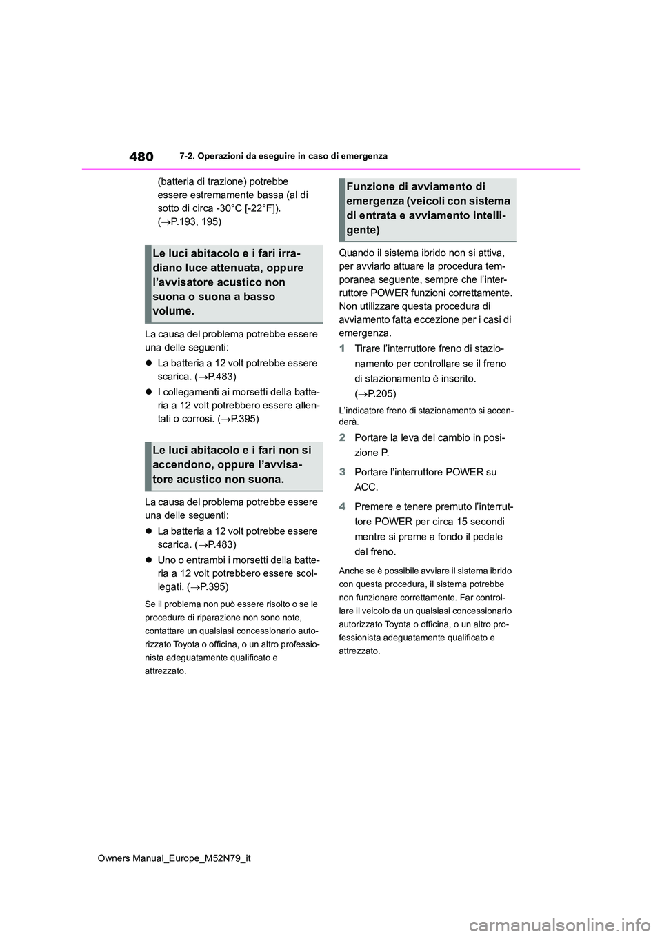 TOYOTA YARIS CROSS 2023  Manuale duso (in Italian) 480
Owners Manual_Europe_M52N79_it
7-2. Operazioni da eseguire in caso di emergenza
(batteria di trazione) potrebbe  
essere estremamente bassa (al di 
sotto di circa -30°C [-22°F]). 
( P.193, 19