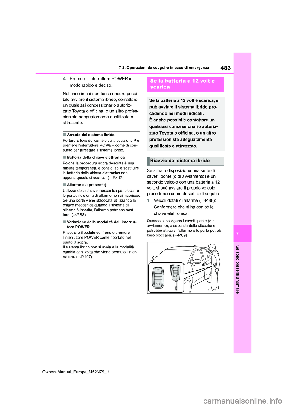 TOYOTA YARIS CROSS 2023  Manuale duso (in Italian) 483
7
Owners Manual_Europe_M52N79_it
7-2. Operazioni da eseguire in caso di emergenza
Se sono presenti anomalie
4Premere l’interruttore POWER in  
modo rapido e deciso. 
Nel caso in cui non fosse an
