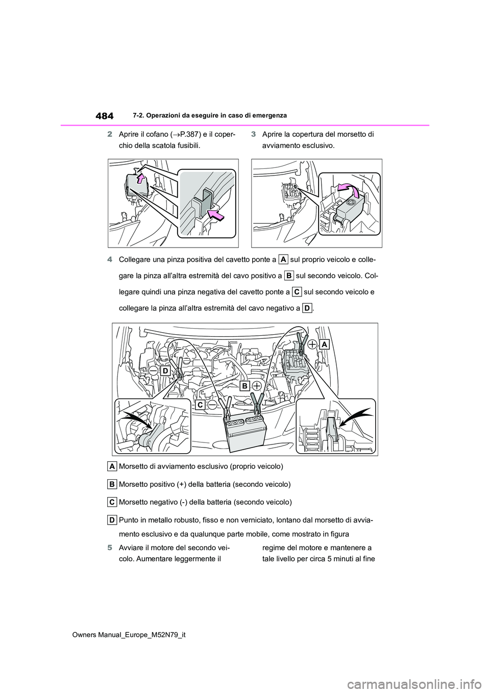 TOYOTA YARIS CROSS 2023  Manuale duso (in Italian) 484
Owners Manual_Europe_M52N79_it
7-2. Operazioni da eseguire in caso di emergenza
2Aprire il cofano (P.387) e il coper- 
chio della scatola fusibili. 
3 Aprire la copertura del morsetto di  
avvi