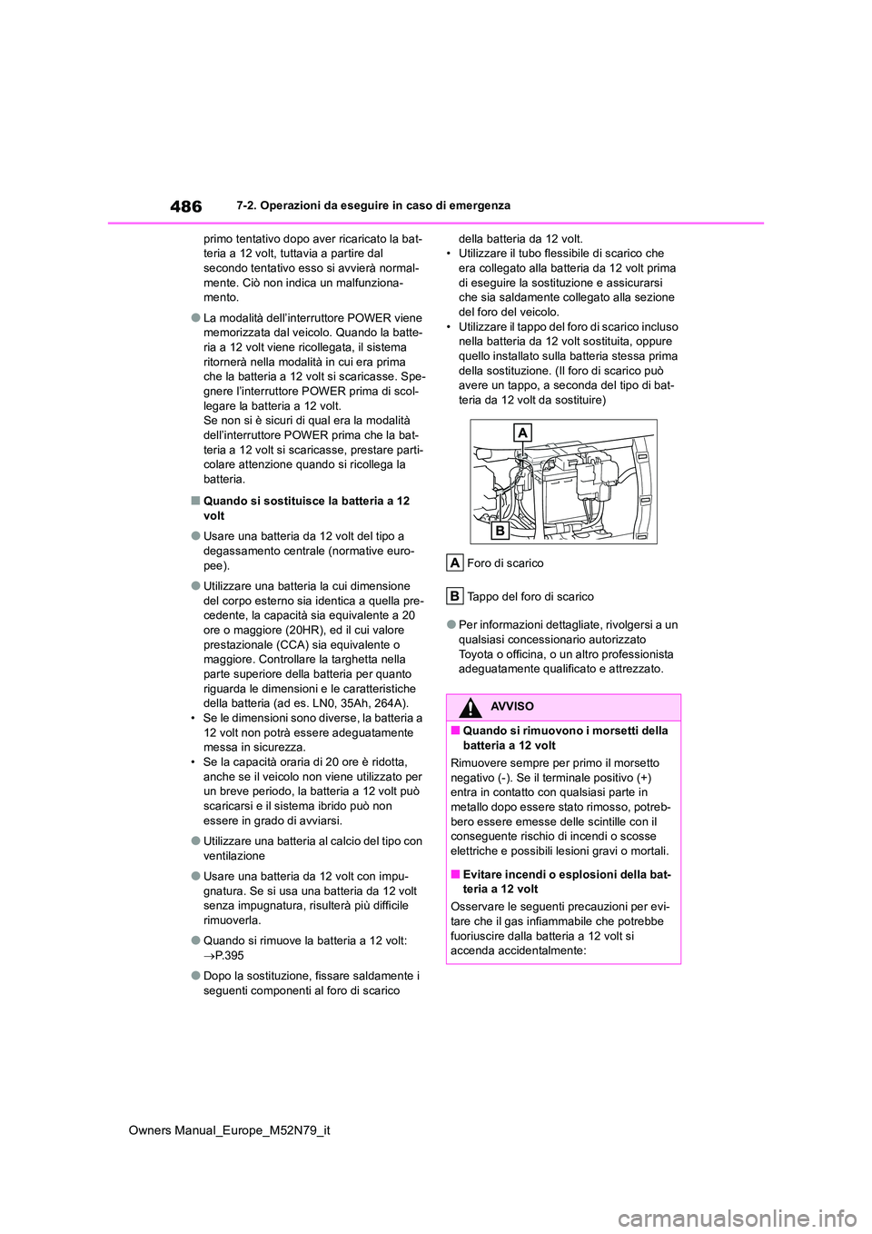TOYOTA YARIS CROSS 2023  Manuale duso (in Italian) 486
Owners Manual_Europe_M52N79_it
7-2. Operazioni da eseguire in caso di emergenza 
primo tentativo dopo av er ricaricato la bat- teria a 12 volt, tuttavia a partire dal secondo tentativo esso si avv