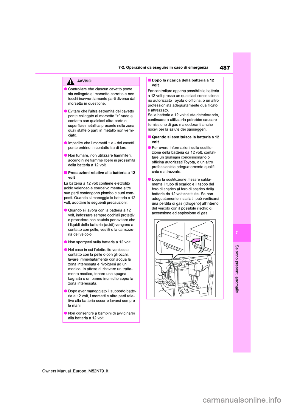TOYOTA YARIS CROSS 2023  Manuale duso (in Italian) 487
7
Owners Manual_Europe_M52N79_it
7-2. Operazioni da eseguire in caso di emergenza
Se sono presenti anomalie
AVVISO
●Controllare che ciascun cavetto ponte  
sia collegato al morsetto corretto e n