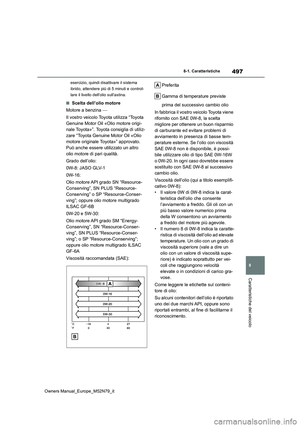 TOYOTA YARIS CROSS 2023  Manuale duso (in Italian) 497
8
Owners Manual_Europe_M52N79_it
8-1. Caratteristiche
Caratteristiche del veicolo
esercizio, quindi disattivare il sistema  
ibrido, attendere più di 5 minuti e control-
lare il livello dell’ol