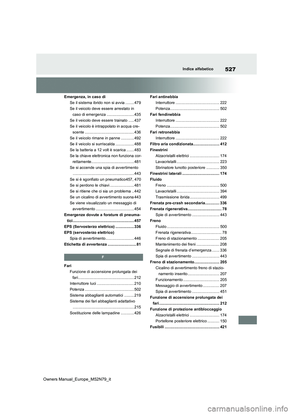 TOYOTA YARIS CROSS 2023  Manuale duso (in Italian) 527
Owners Manual_Europe_M52N79_it
Indice alfabetico
Emergenza, in caso di 
Se il sistema ibrido non si avvia ........ 479
Se il veicolo deve essere arrestato in 
caso di emergenza ...................