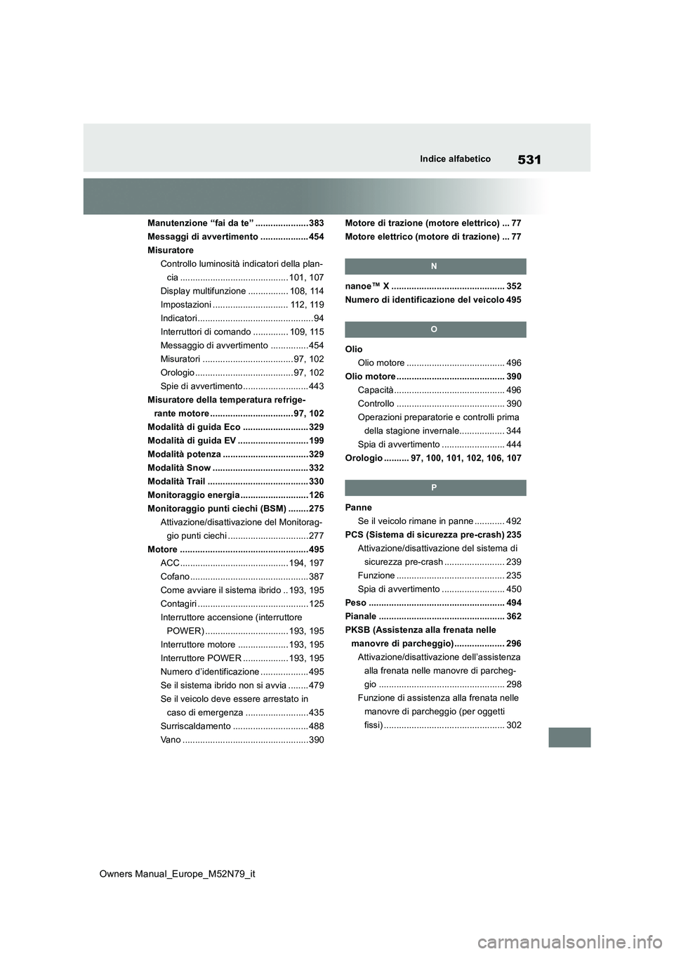 TOYOTA YARIS CROSS 2023  Manuale duso (in Italian) 531
Owners Manual_Europe_M52N79_it
Indice alfabetico
Manutenzione “fai da te” ..................... 383 
Messaggi di avvertimento ................... 454
Misuratore
Controllo luminosità indicator