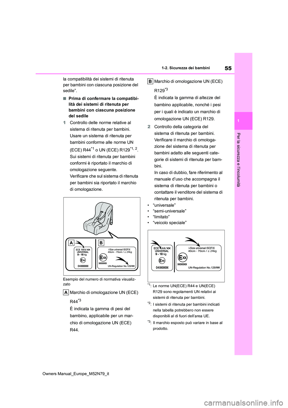 TOYOTA YARIS CROSS 2023  Manuale duso (in Italian) 55
1
Owners Manual_Europe_M52N79_it
1-2. Sicurezza dei bambini
Per la sicurezza e l’incolumità
la compatibilità dei sistemi di ritenuta  
per bambini con ciascuna posizione del 
sedile”.
■Prim