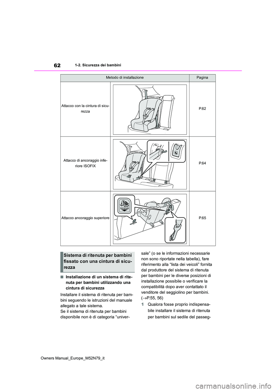 TOYOTA YARIS CROSS 2023  Manuale duso (in Italian) 62
Owners Manual_Europe_M52N79_it
1-2. Sicurezza dei bambini
■Installazione di un sistema di rite- 
nuta per bambini utilizzando una 
cintura di sicurezza 
Installare il sistema di ritenuta per bam-