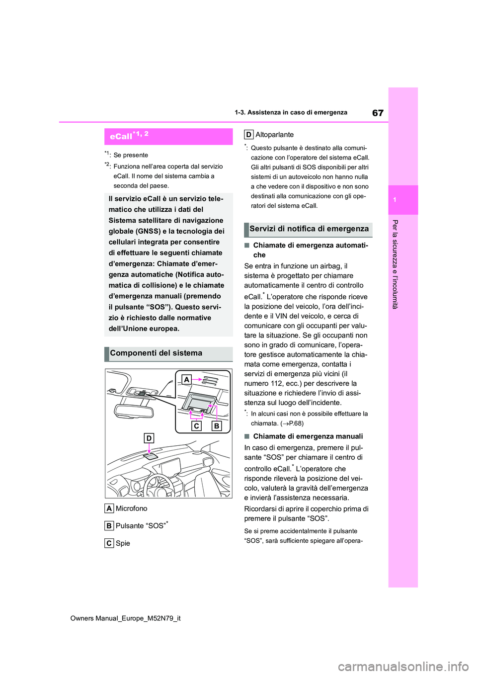 TOYOTA YARIS CROSS 2023  Manuale duso (in Italian) 67
1
Owners Manual_Europe_M52N79_it
1-3. Assistenza in caso di emergenza
Per la sicurezza e l’incolumità
1-3.Assistenz a in cas o d i emergenz a
*1: Se presente
*2: Funziona nell’area coperta dal