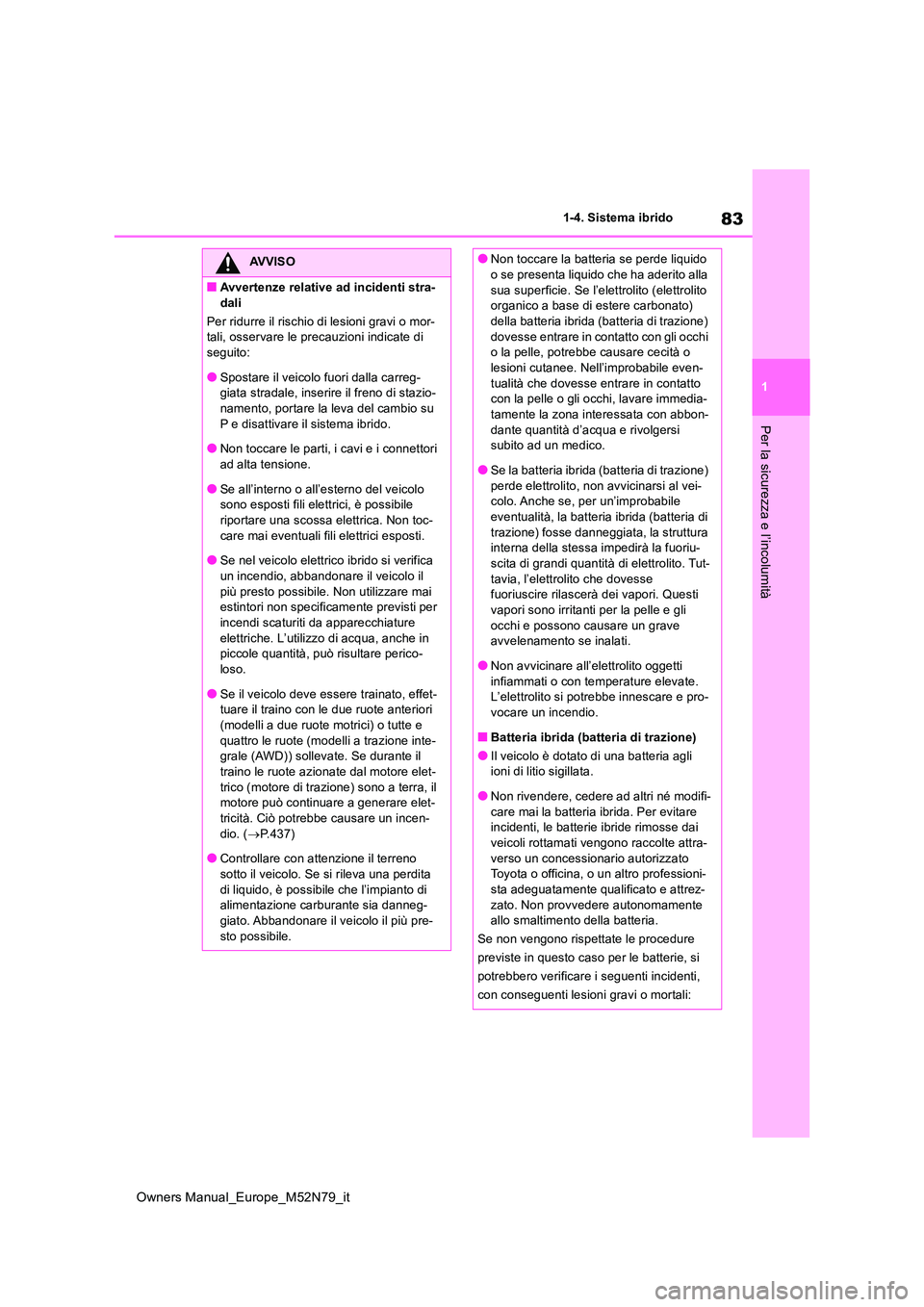 TOYOTA YARIS CROSS 2023  Manuale duso (in Italian) 83
1
Owners Manual_Europe_M52N79_it
1-4. Sistema ibrido
Per la sicurezza e l’incolumità
AVVISO
■Avvertenze relative ad incidenti stra- 
dali 
Per ridurre il rischio di lesioni gravi o mor- tali, 