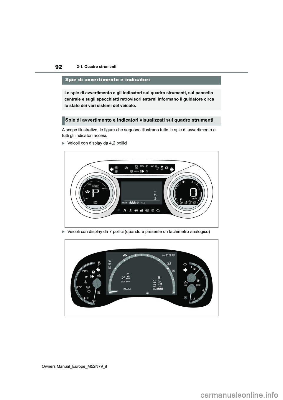 TOYOTA YARIS CROSS 2023  Manuale duso (in Italian) 92
Owners Manual_Europe_M52N79_it
2-1. Quadro strumenti
2-1.Quadro strumenti
A scopo illustrativo, le figure che seguono illustrano tutte le spie di avvertimento e  
tutti gli indicatori accesi.
Ve