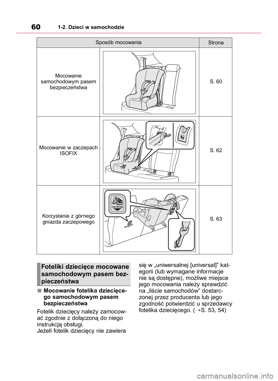 TOYOTA YARIS CROSS 2023  Instrukcja obsługi (in Polish) Mocowanie fotelika dzieci´ce-
go samochodowym pasem
bezpieczeƒstwa
Fotelik dzieci´cy nale˝y zamocow-
aç zgodnie z do∏àczonà do niego
instrukcjà obs∏ugi.
Je˝eli fotelik dzieci´cy nie zawi