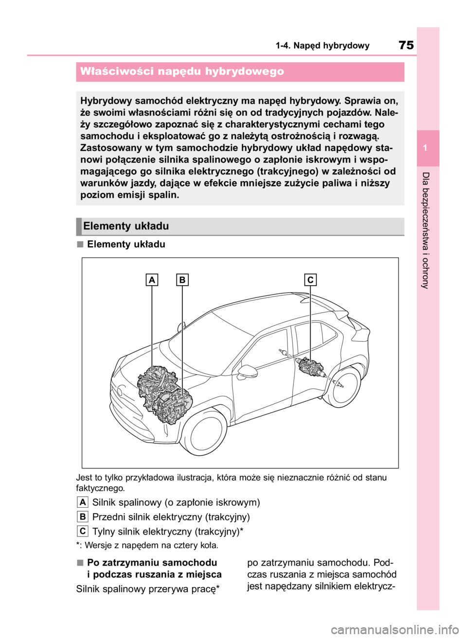 TOYOTA YARIS CROSS 2023  Instrukcja obsługi (in Polish) Po zatrzymaniu samochodu
i podczas ruszania z miejsca
Silnik spalinowy przerywa prac´*po zatrzymaniu samochodu. Pod-
czas ruszania z miejsca samochód
jest nap´dzany silnikiem elektrycz-
Dla bezpiec