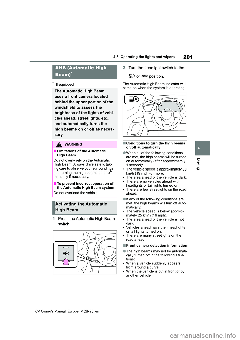 TOYOTA YARIS CROSS 2022  Owners Manual 201
4
CV Owner's Manual_Europe_M52N20_en
4-3. Operating the lights and wipers
Driving
*: If equipped
1Press the Automatic High Beam  
switch. 
2 Turn the headlight switch to the  
 or   position.
