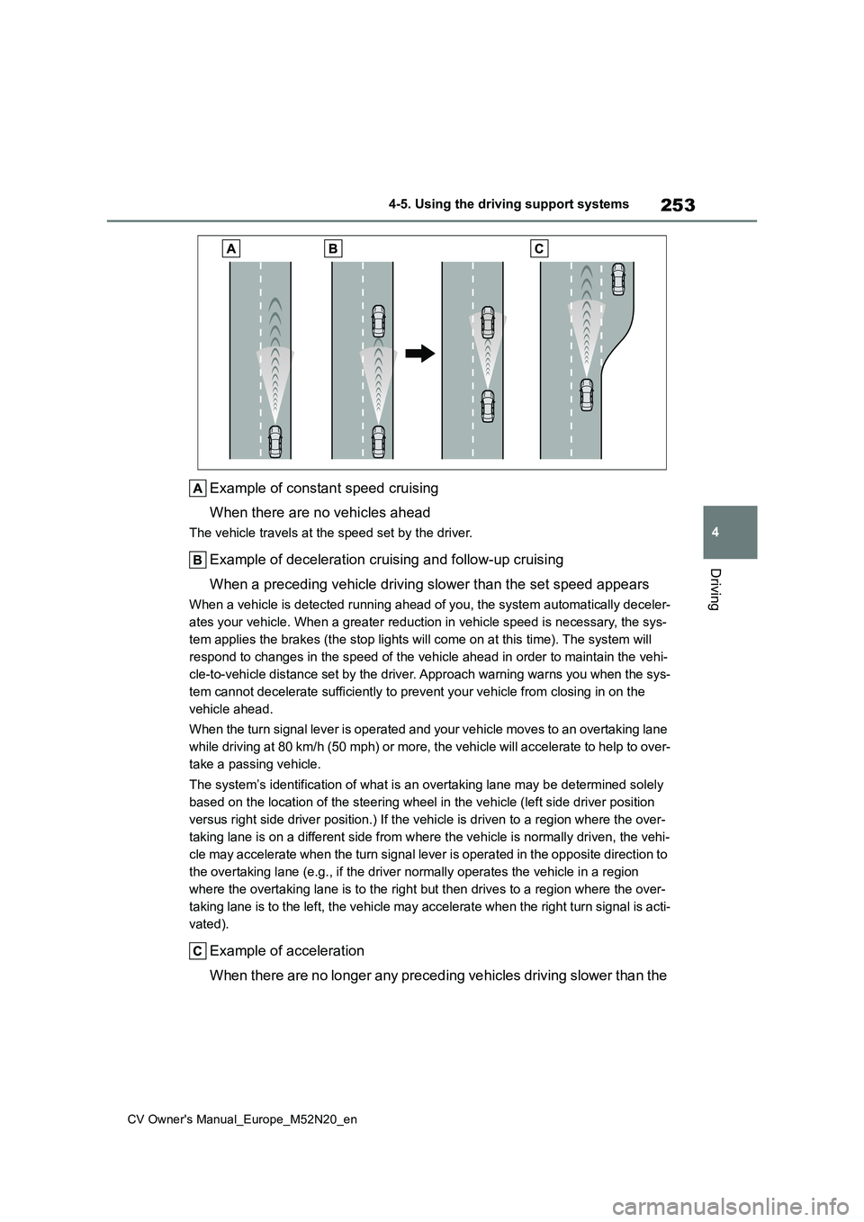 TOYOTA YARIS CROSS 2022  Owners Manual 253
4
CV Owner's Manual_Europe_M52N20_en
4-5. Using the driving support systems
Driving
Example of constant speed cruising 
When there are no vehicles ahead
The vehicle travels at the speed set by