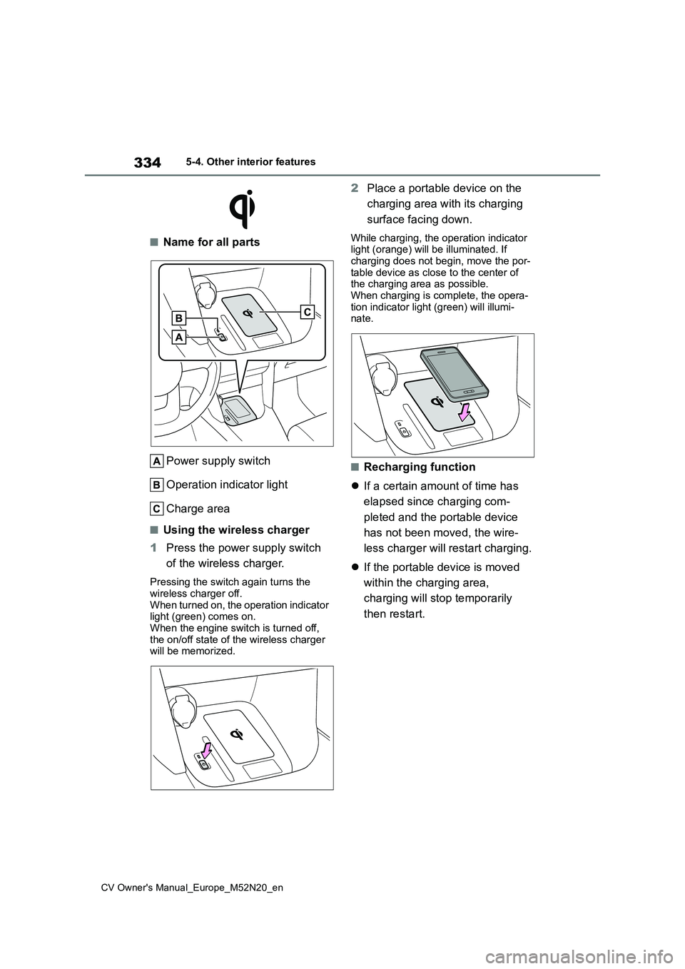 TOYOTA YARIS CROSS 2022  Owners Manual 334
CV Owner's Manual_Europe_M52N20_en
5-4. Other interior features
■Name for all parts 
Power supply switch 
Operation indicator light
Charge area
■Using the wireless charger 
1 Press the pow