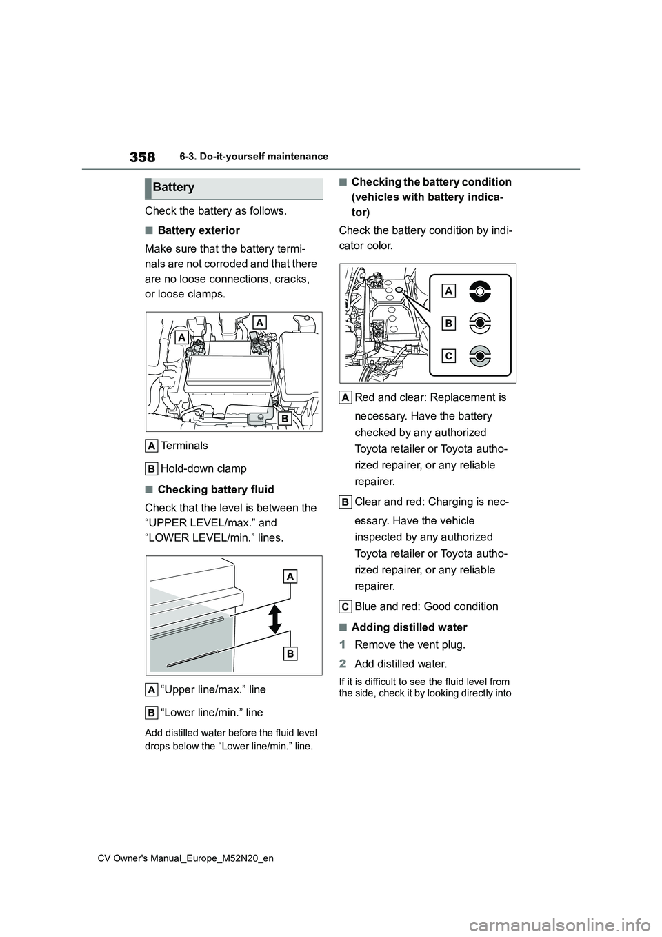 TOYOTA YARIS CROSS 2022  Owners Manual 358
CV Owner's Manual_Europe_M52N20_en
6-3. Do-it-yourself maintenance
Check the battery as follows.
■Battery exterior 
Make sure that the battery termi- 
nals are not corroded and that there  
