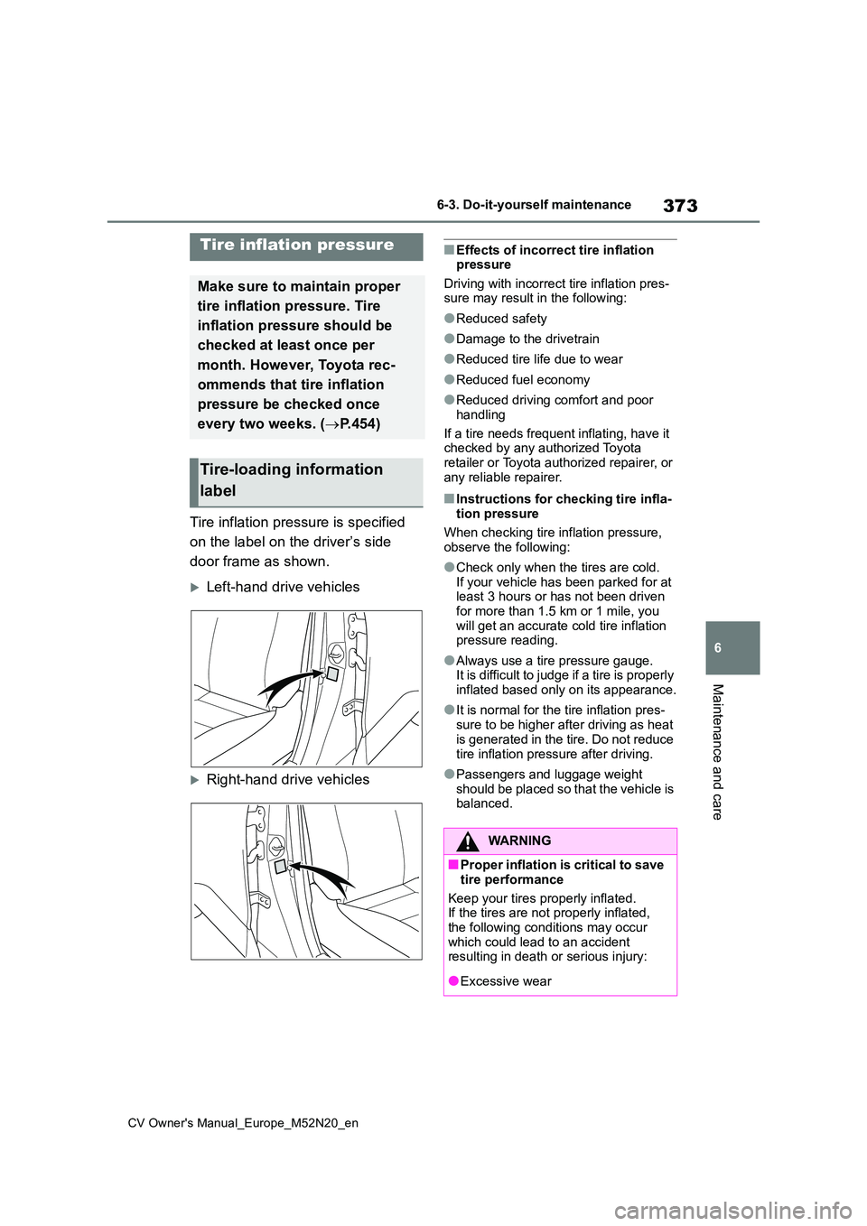 TOYOTA YARIS CROSS 2022  Owners Manual 373
6
CV Owner's Manual_Europe_M52N20_en
6-3. Do-it-yourself maintenance
Maintenance and care
Tire inflation pressure is specified  
on the label on the driver’s side  
door frame as shown.
L
