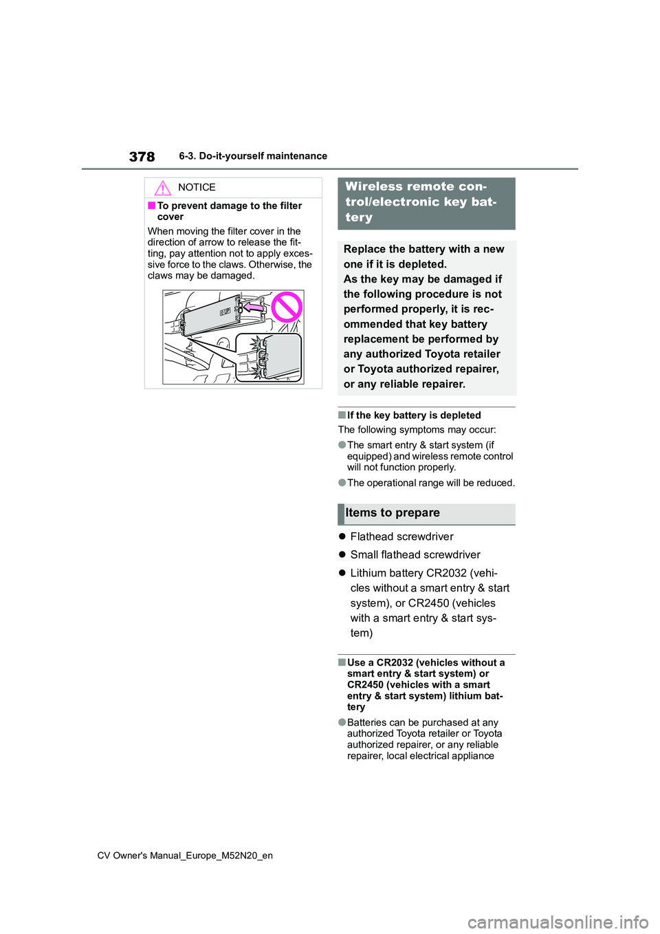 TOYOTA YARIS CROSS 2022  Owners Manual 378
CV Owner's Manual_Europe_M52N20_en
6-3. Do-it-yourself maintenance
■If the key battery is depleted 
The following symptoms may occur:
●The smart entry & start system (if  equipped) and wir
