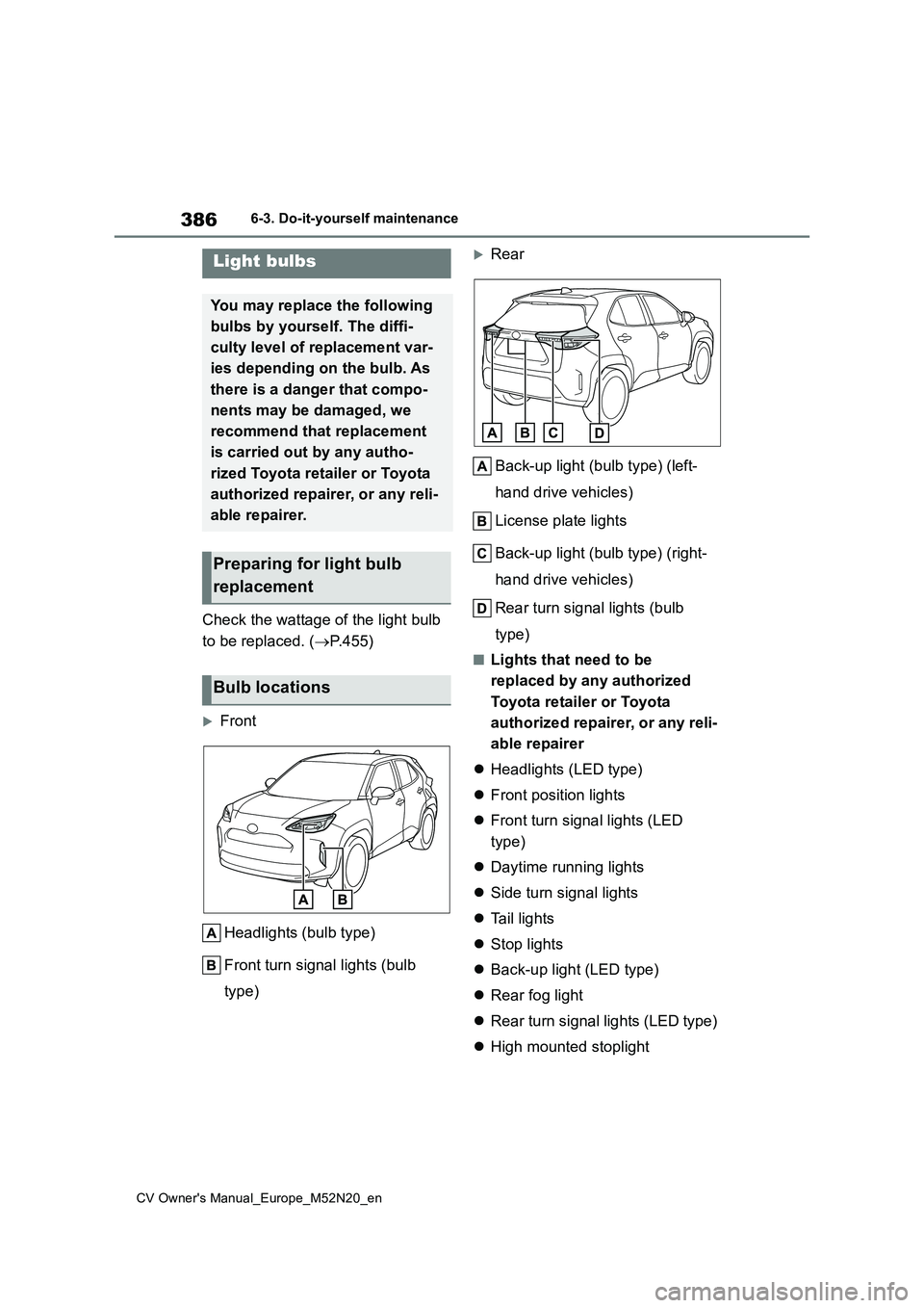 TOYOTA YARIS CROSS 2022  Owners Manual 386
CV Owner's Manual_Europe_M52N20_en
6-3. Do-it-yourself maintenance
Check the wattage of the light bulb  
to be replaced. ( P.455)
Front 
Headlights (bulb type) 
Front turn signal lights 
