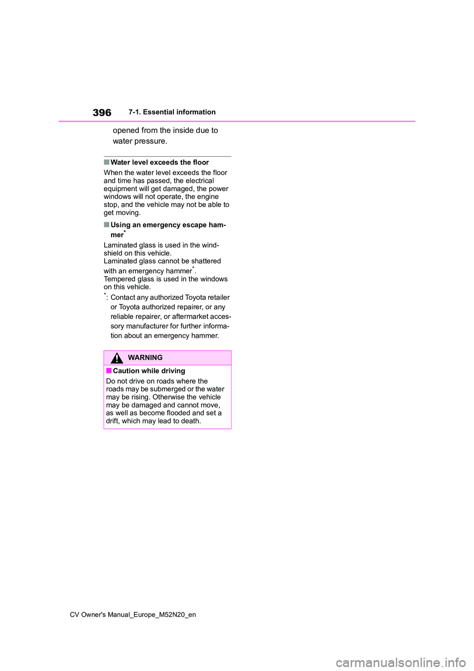TOYOTA YARIS CROSS 2022  Owners Manual 396
CV Owner's Manual_Europe_M52N20_en
7-1. Essential information
opened from the inside due to  
water pressure.
■Water level exceeds the floor 
When the water level exceeds the floor  and time