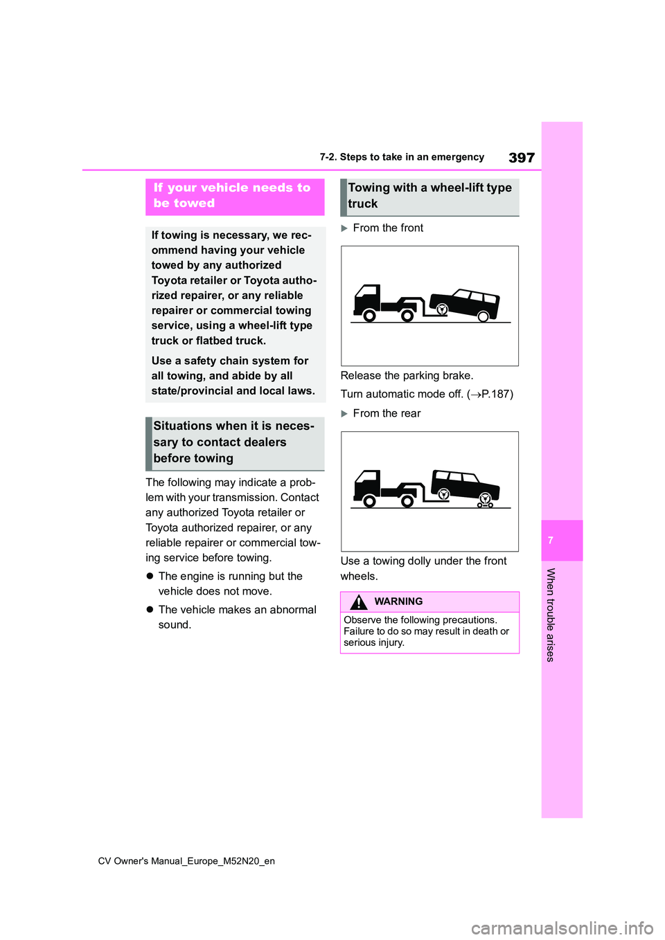 TOYOTA YARIS CROSS 2022  Owners Manual 397
7
CV Owner's Manual_Europe_M52N20_en
7-2. Steps to take in an emergency
When trouble arises
7-2.Ste ps to  take in an emerg ency
The following may indicate a prob- 
lem with your transmission.