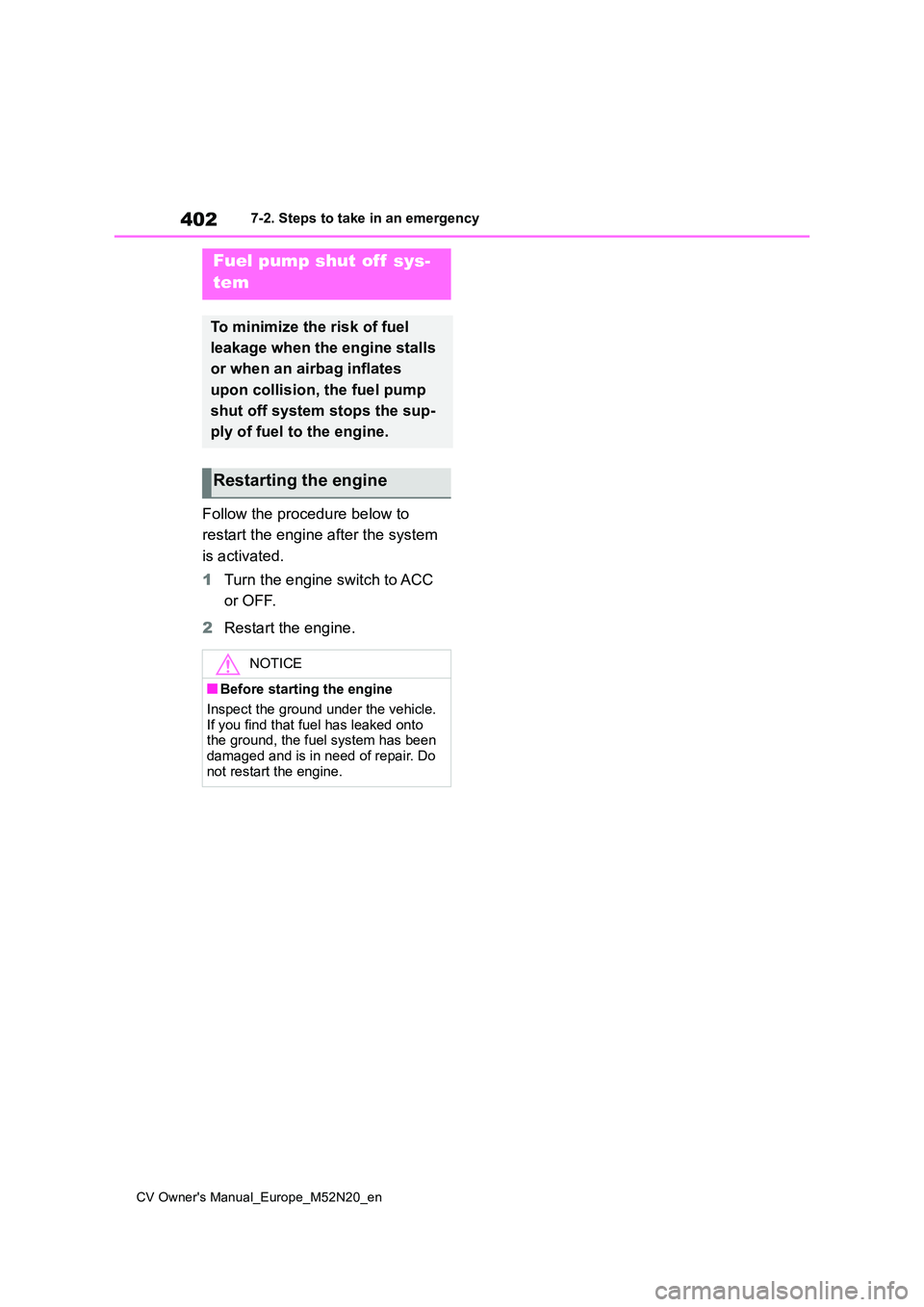 TOYOTA YARIS CROSS 2022  Owners Manual 402
CV Owner's Manual_Europe_M52N20_en
7-2. Steps to take in an emergency
Follow the procedure below to  
restart the engine after the system  
is activated. 
1 Turn the engine switch to ACC  
or 
