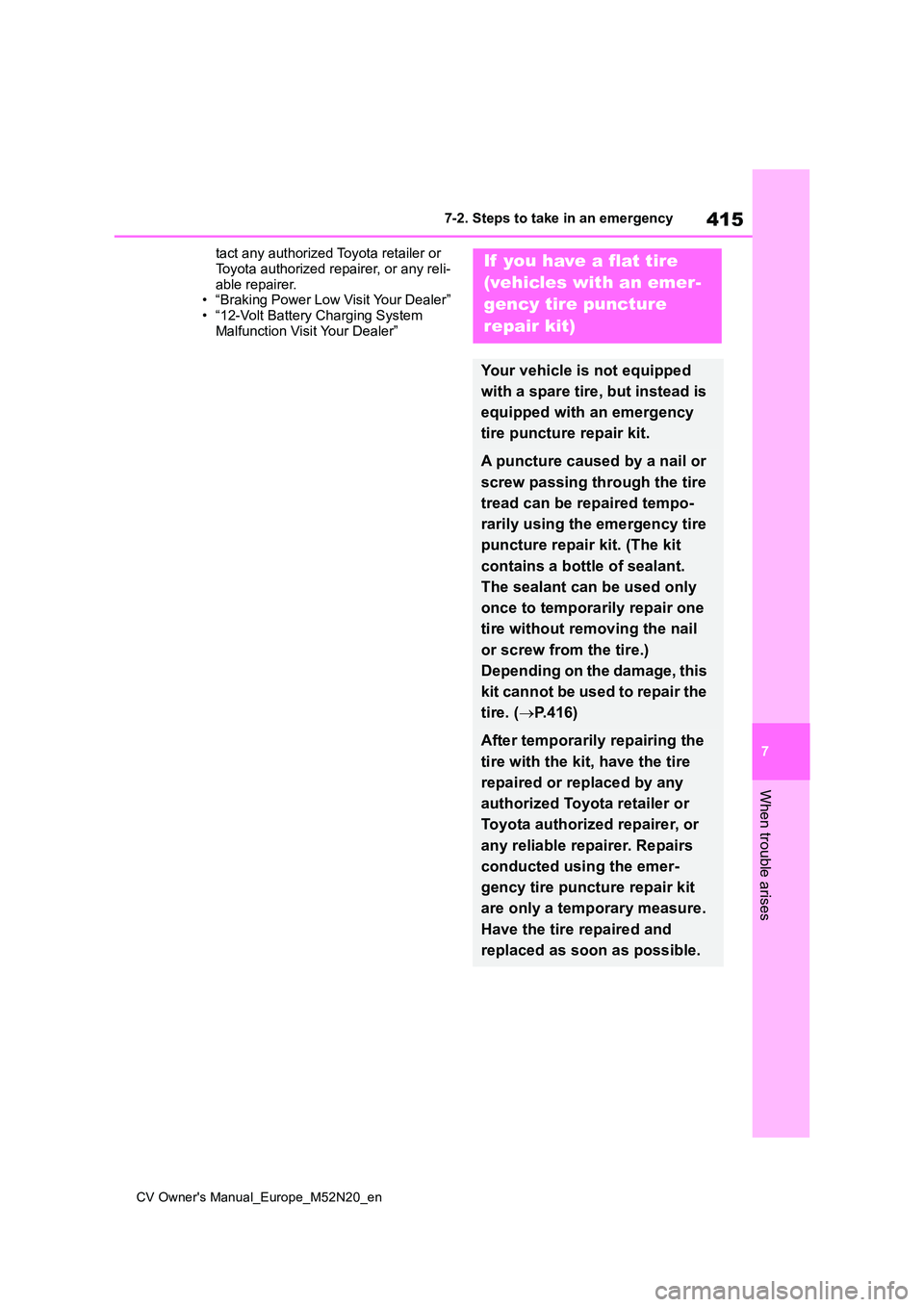 TOYOTA YARIS CROSS 2022  Owners Manual 415
7
CV Owner's Manual_Europe_M52N20_en
7-2. Steps to take in an emergency
When trouble arises
tact any authorized Toyota retailer or  
Toyota authorized repairer, or any reli- able repairer.• 