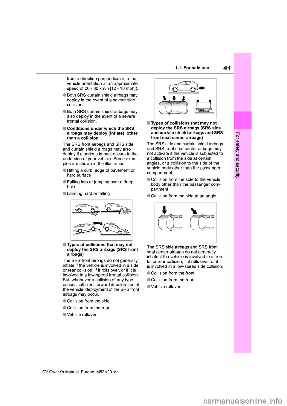 TOYOTA YARIS CROSS 2022  Owners Manual 41
1
CV Owner's Manual_Europe_M52N20_en
1-1. For safe use
For safety and security
from a direction perpendicular to the  
vehicle orientation at an approximate  speed of 20 - 30 km/h [12 - 18 mph]
