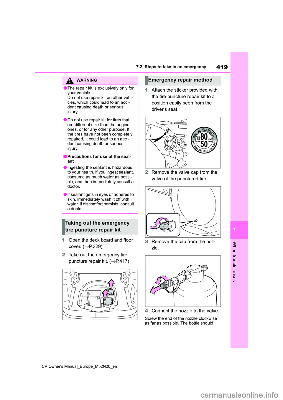 TOYOTA YARIS CROSS 2022  Owners Manual 419
7
CV Owner's Manual_Europe_M52N20_en
7-2. Steps to take in an emergency
When trouble arises1Open the deck board and floor  
cover. ( P.329) 
2 Take out the emergency tire  
puncture repair 