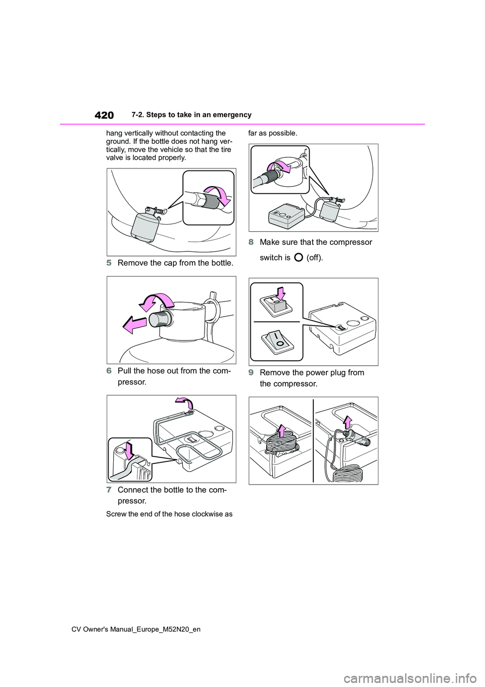 TOYOTA YARIS CROSS 2022  Owners Manual 420
CV Owner's Manual_Europe_M52N20_en
7-2. Steps to take in an emergency 
hang vertically without contacting the  
ground. If the bottle does not hang ver- tically, move the vehicle so that the t