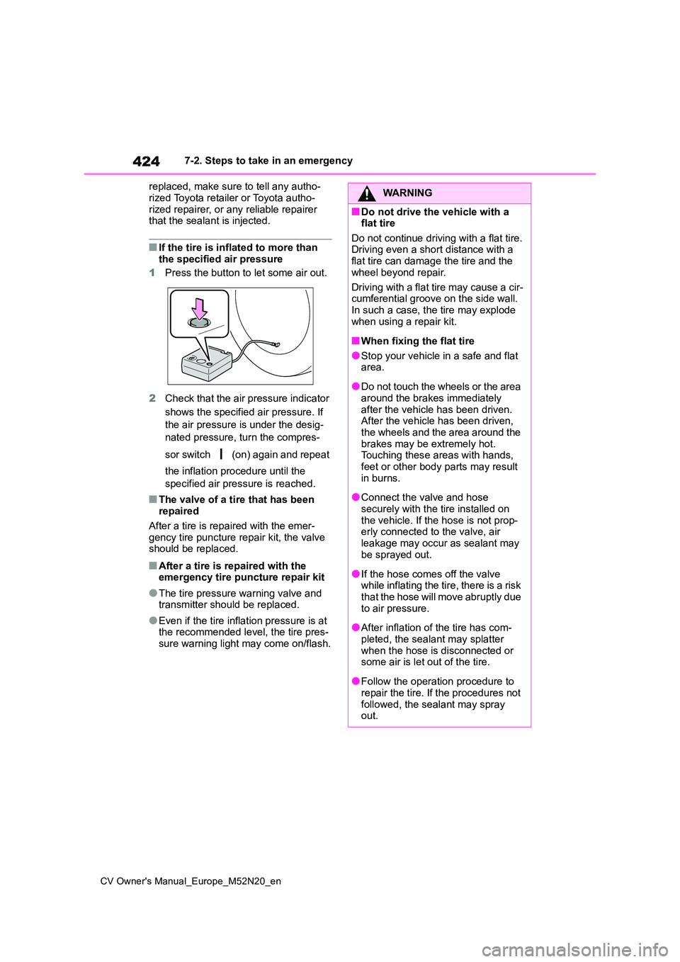 TOYOTA YARIS CROSS 2022  Owners Manual 424
CV Owner's Manual_Europe_M52N20_en
7-2. Steps to take in an emergency 
replaced, make sure to tell any autho- 
rized Toyota retailer or Toyota autho- rized repairer, or any reliable repairer t