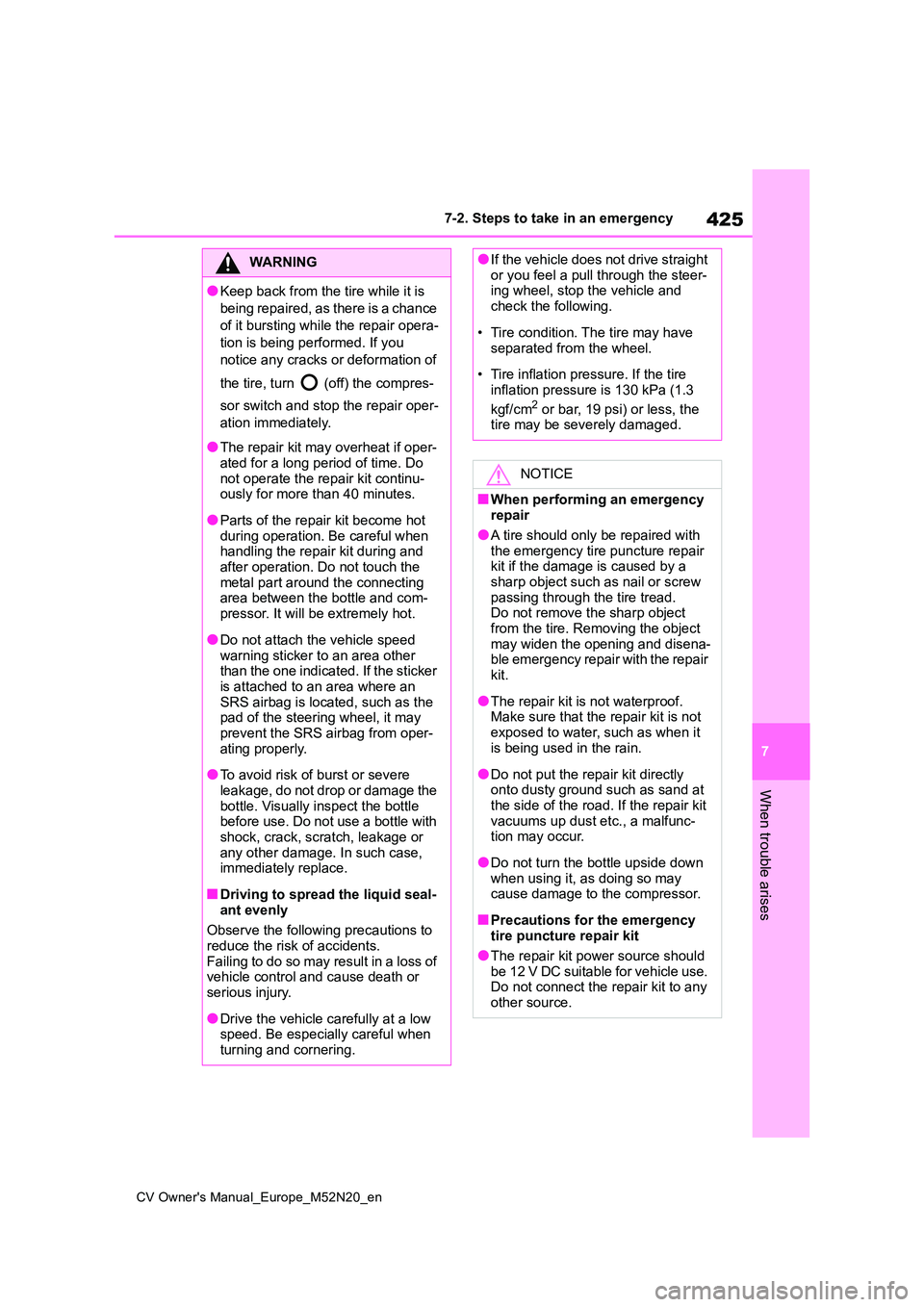 TOYOTA YARIS CROSS 2022  Owners Manual 425
7
CV Owner's Manual_Europe_M52N20_en
7-2. Steps to take in an emergency
When trouble arises
WARNING
●Keep back from the tire while it is  
being repaired, as there is a chance 
of it burstin