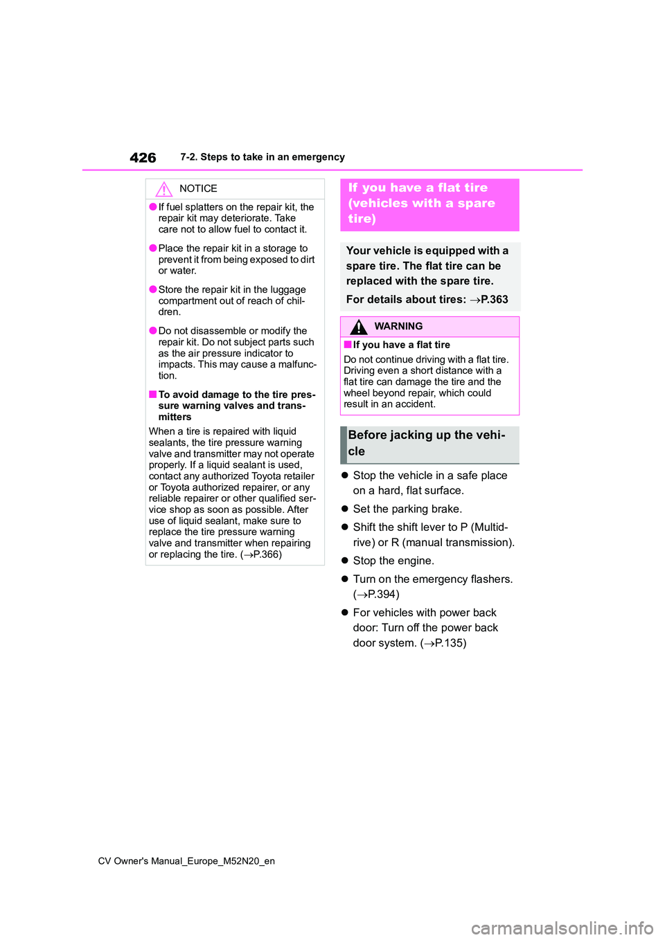 TOYOTA YARIS CROSS 2022  Owners Manual 426
CV Owner's Manual_Europe_M52N20_en
7-2. Steps to take in an emergency
Stop the vehicle in a safe place  
on a hard, flat surface. 
 Set the parking brake. 
 Shift the shift lever to P