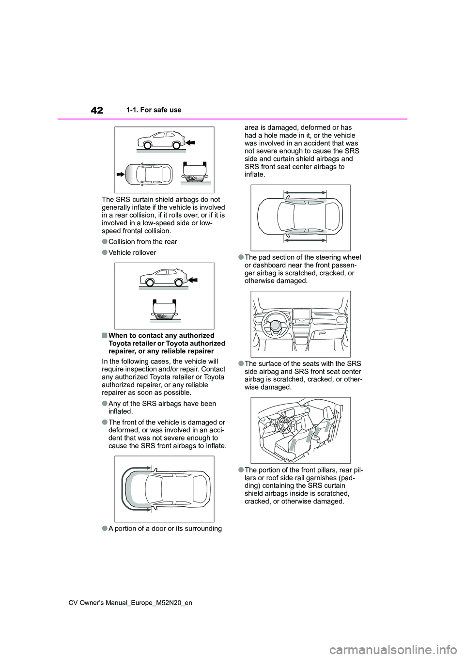 TOYOTA YARIS CROSS 2022  Owners Manual 42
CV Owner's Manual_Europe_M52N20_en
1-1. For safe use 
The SRS curtain shield airbags do not  
generally inflate if the vehicle is involved  in a rear collision, if it rolls over, or if it is in