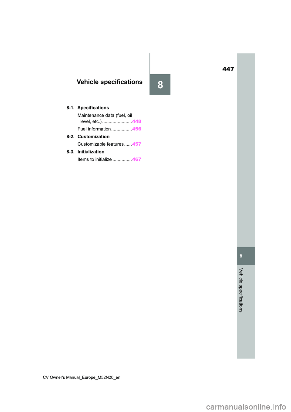 TOYOTA YARIS CROSS 2022  Owners Manual 8
447
CV Owner's Manual_Europe_M52N20_en
8
Vehicle specifications
Vehicle specifications
8-1. Specifications 
Maintenance data (fuel, oil  
level, etc.) ....................... 448 
Fuel informati