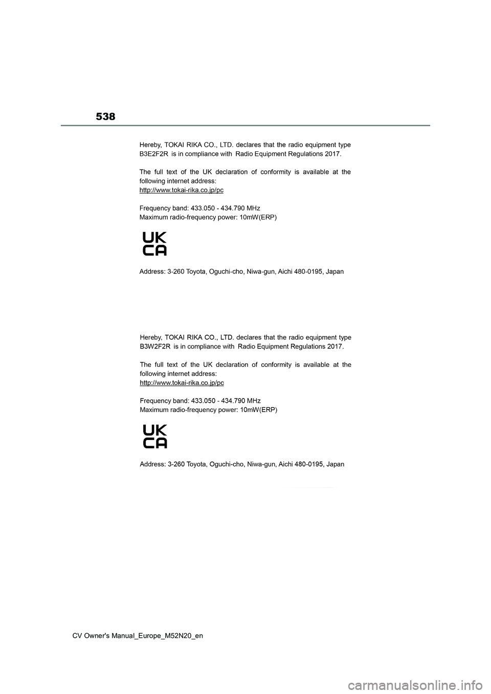 TOYOTA YARIS CROSS 2022  Owners Manual 538
CV Owner's Manual_Europe_M52N20_en 