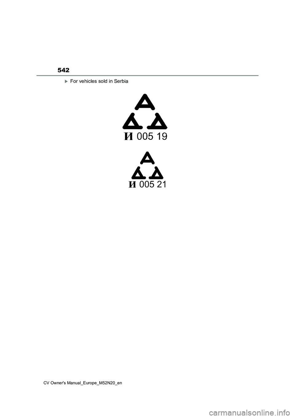 TOYOTA YARIS CROSS 2022  Owners Manual 542
CV Owner's Manual_Europe_M52N20_en
For vehicles sold in Serbia 