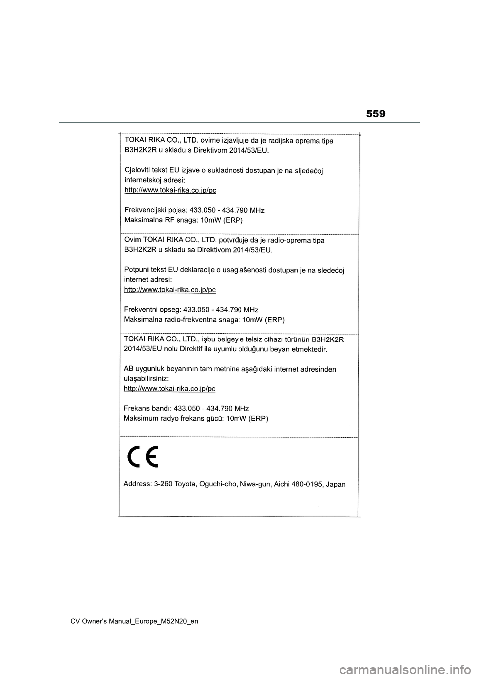 TOYOTA YARIS CROSS 2022  Owners Manual 559
CV Owner's Manual_Europe_M52N20_en 