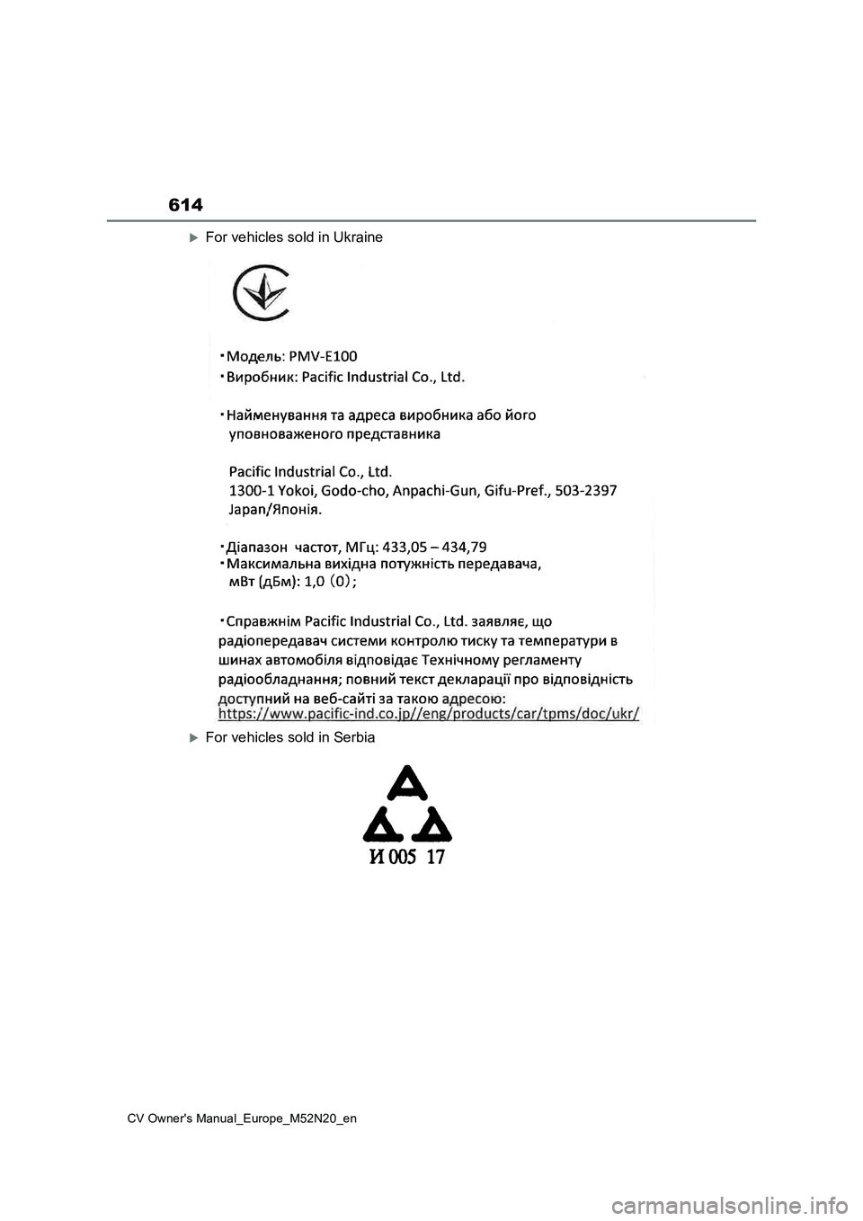 TOYOTA YARIS CROSS 2022  Owners Manual 614
CV Owner's Manual_Europe_M52N20_en
For vehicles sold in Ukraine
For vehicles sold in Serbia 