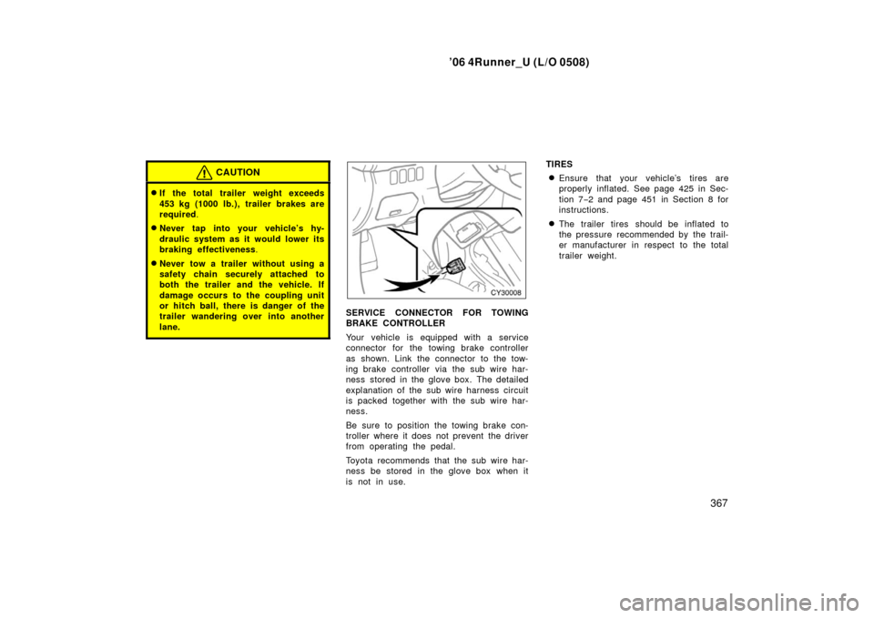 TOYOTA 4RUNNER 2006 N210 / 4.G Owners Manual ’06 4Runner_U (L/O 0508)
367
CAUTION
If the total trailer weight exceeds
453 kg (1000 lb.), trailer brakes are
required.
Never tap into your vehicle’s hy-
draulic system as it would lower its
br TOYOTA 4RUNNER 2006 N210 / 4.G Owners Manual ’06 4Runner_U (L/O 0508)
367
CAUTION
If the total trailer weight exceeds
453 kg (1000 lb.), trailer brakes are
required.
Never tap into your vehicle’s hy-
draulic system as it would lower its
br