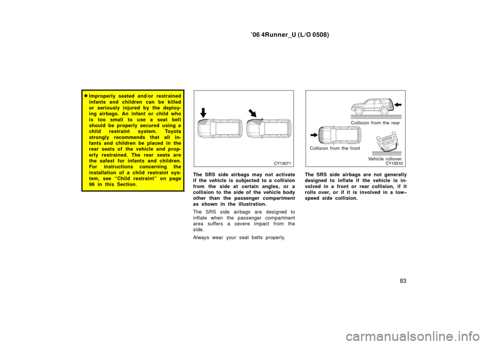 TOYOTA 4RUNNER 2006 N210 / 4.G Owners Manual ’06 4Runner_U (L/O 0508)
83
Improperly seated and/or restrained
infants and children can be killed
or seriously injured by the deploy-
ing airbags. An infant or child who
is too small to use a seat TOYOTA 4RUNNER 2006 N210 / 4.G Owners Manual ’06 4Runner_U (L/O 0508)
83
Improperly seated and/or restrained
infants and children can be killed
or seriously injured by the deploy-
ing airbags. An infant or child who
is too small to use a seat