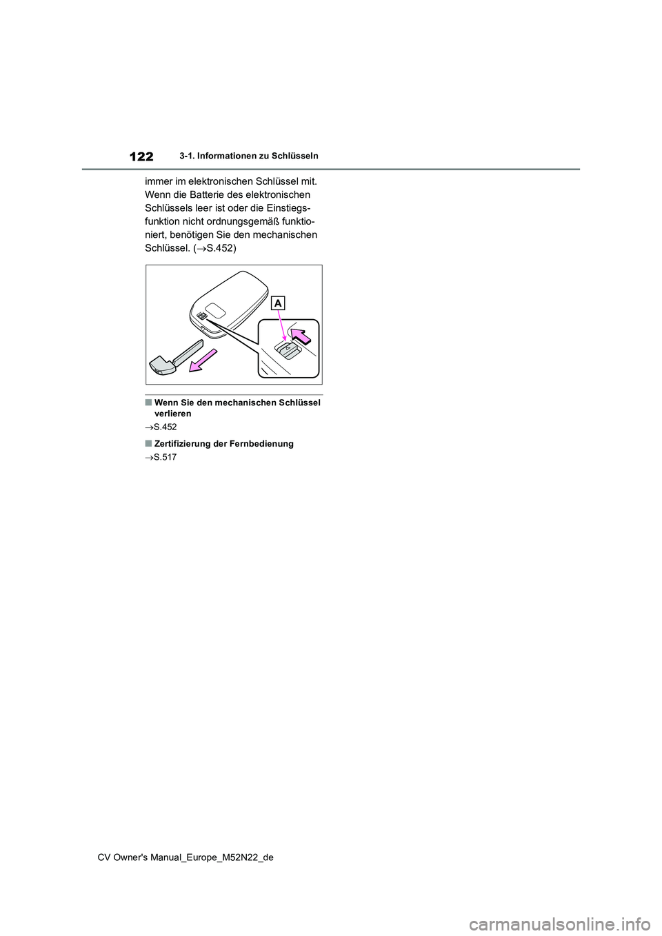 TOYOTA YARIS CROSS 2022  Betriebsanleitungen (in German) 122
CV Owner's Manual_Europe_M52N22_de
3-1. Informationen zu Schlüsseln
immer im elektronischen Schlüssel mit.  
Wenn die Batterie des elektronischen 
Schlüssels leer ist oder die Einstiegs-
fu
