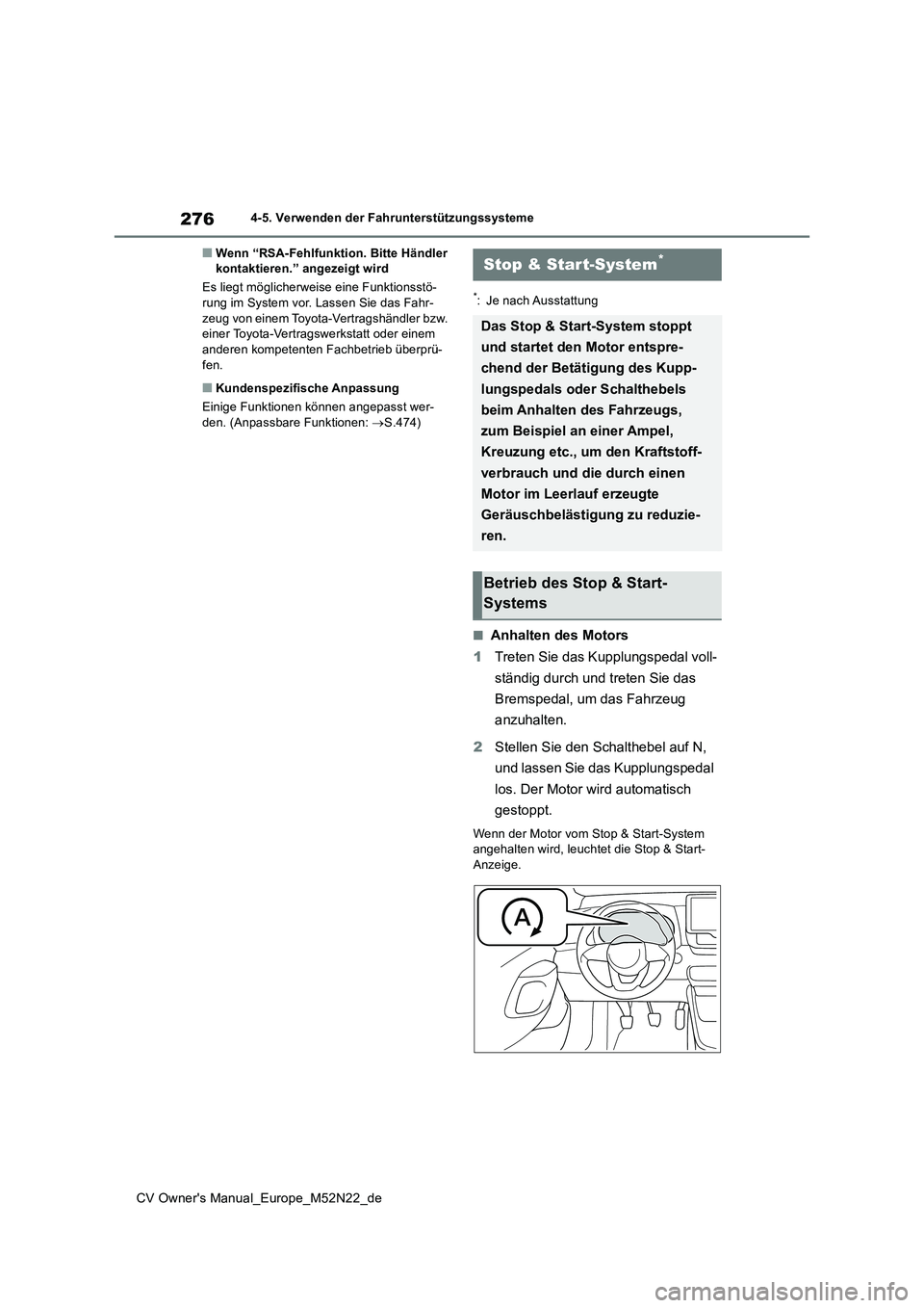TOYOTA YARIS CROSS 2022  Betriebsanleitungen (in German) 276
CV Owner's Manual_Europe_M52N22_de
4-5. Verwenden der Fahrunterstützungssysteme
■Wenn “RSA-Fehlfunktion. Bitte Händler  kontaktieren.” angezeigt wird 
Es liegt möglicherweise eine Fun