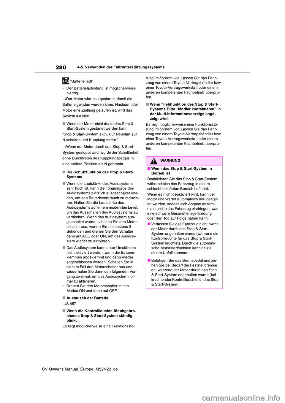 TOYOTA YARIS CROSS 2022  Betriebsanleitungen (in German) 280
CV Owner's Manual_Europe_M52N22_de
4-5. Verwenden der Fahrunterstützungssysteme 
 “Batterie lädt” 
• Der Batterieladestand ist möglicherweise  
niedrig. 
 Der Motor wird neu gestar