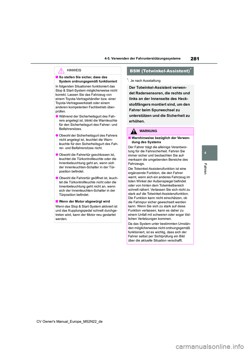 TOYOTA YARIS CROSS 2022  Betriebsanleitungen (in German) 281
4
CV Owner's Manual_Europe_M52N22_de
4-5. Verwenden der Fahrunterstützungssysteme
Fahren
*: Je nach Ausstattung
HINWEIS
■So stellen Sie sicher, dass das  
System ordnungsgemäß funktionier