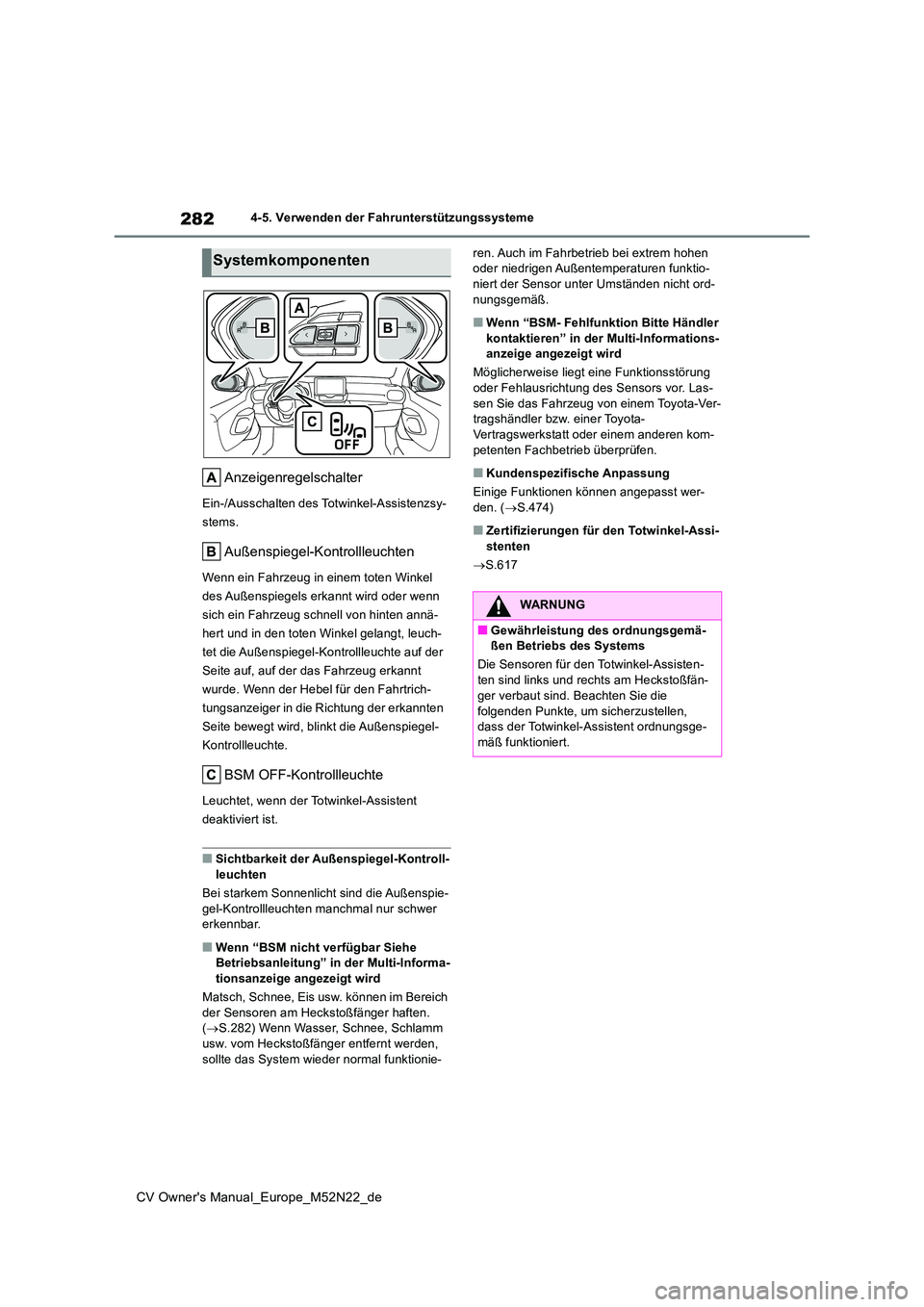 TOYOTA YARIS CROSS 2022  Betriebsanleitungen (in German) 282
CV Owner's Manual_Europe_M52N22_de
4-5. Verwenden der Fahrunterstützungssysteme
Anzeigenregelschalter
Ein-/Ausschalten des Totwinkel-Assistenzsy- 
stems.
Außenspiegel-Kontrollleuchten
Wenn e